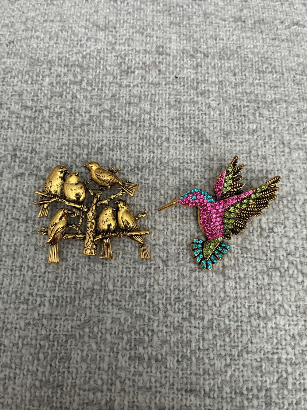 Gold Bird Brooch Set with Pink & Turquoise Hummingbird Accent  brooches